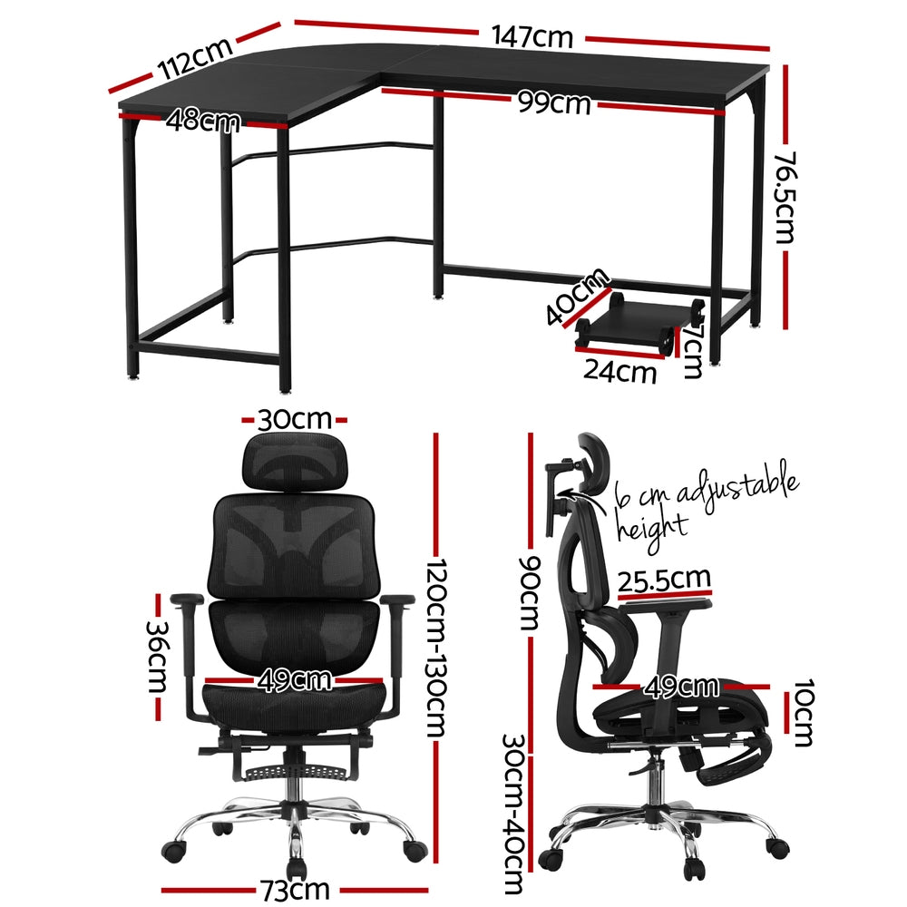 Artiss Computer Desk L-Shape Study Desks Ergonomic Office Chair Mesh Chairs MET-DESK-L-003-FZ28-BK