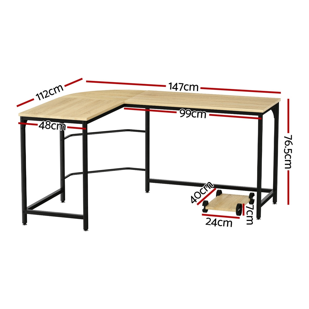 Artiss Computer Desk L-Shape CPU Stand Oak 147CM MET-DESK-L-003-OAK