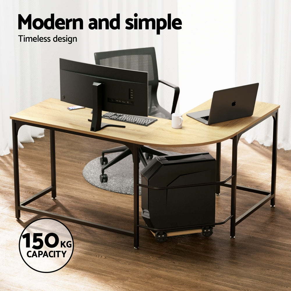 Artiss Computer Desk L-Shape CPU Stand Oak 147CM MET-DESK-L-003-OAK