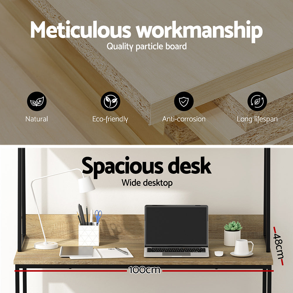Artiss Computer Desk Bookshelf Storage 100CM Oak MET-DESK-LC-100-OAK