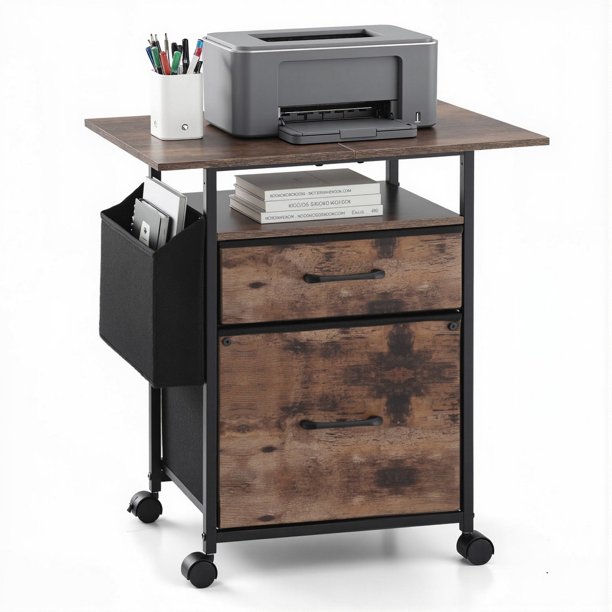 Artiss 2 Fabric Drawer File Cabinet Printer Stand Rolling File Cabinet with Side Bag MET-FC-25155-RB
