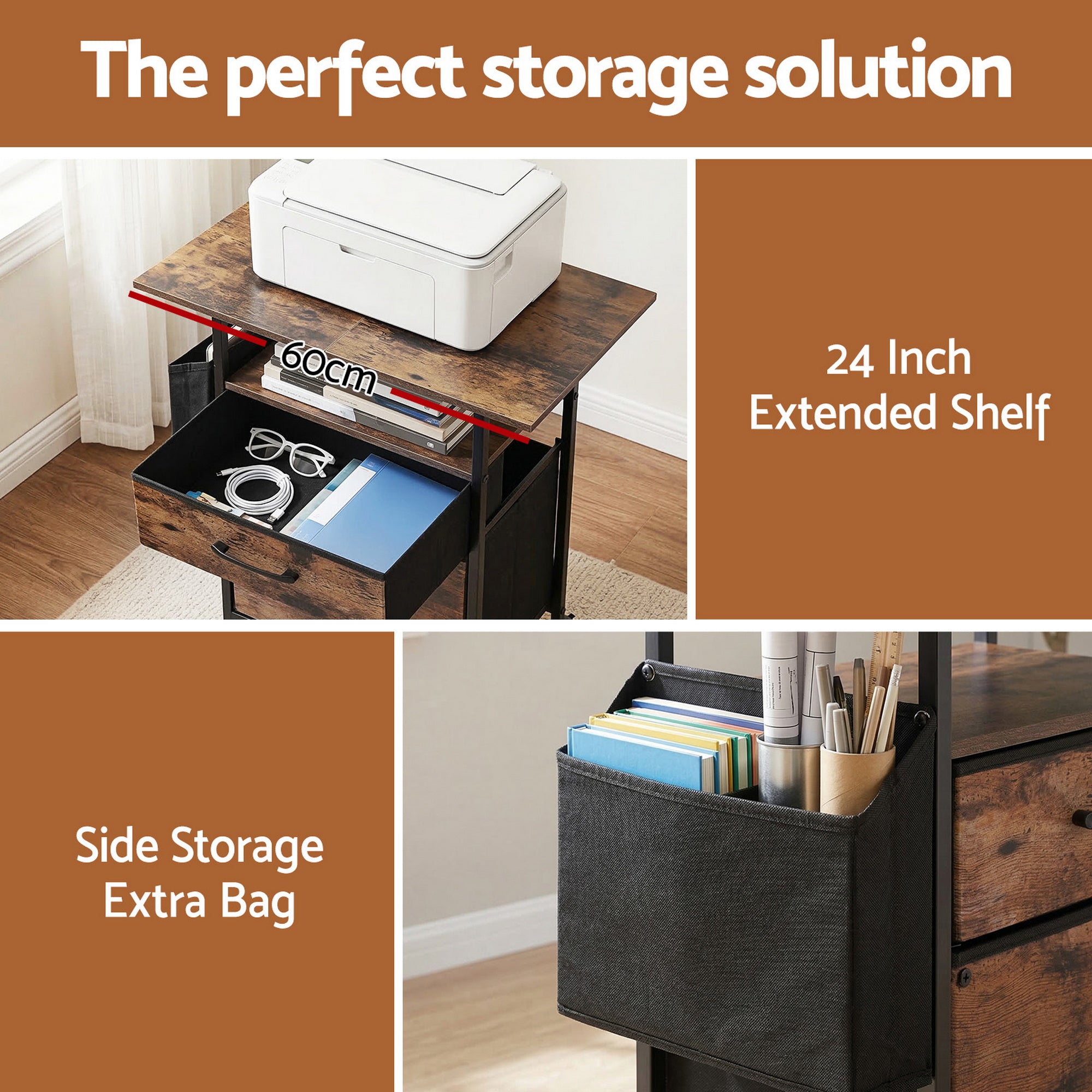 Artiss 2 Fabric Drawer File Cabinet Printer Stand Rolling File Cabinet with Side Bag MET-FC-25155-RB