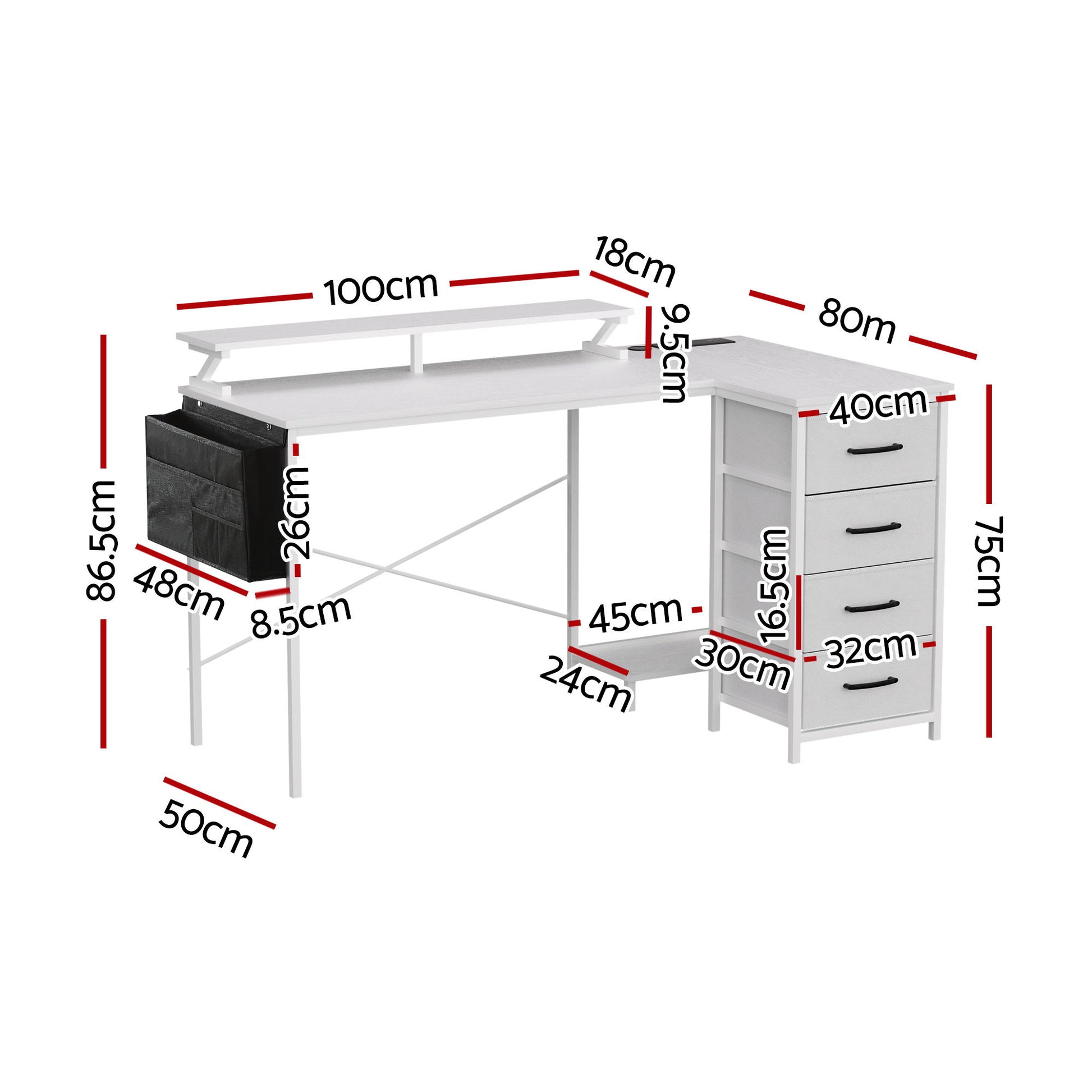 Artiss 140cm L Shaped Gaming Desk Computer Desk with LED Lights & Power Outlets MET-FC-25218-WH