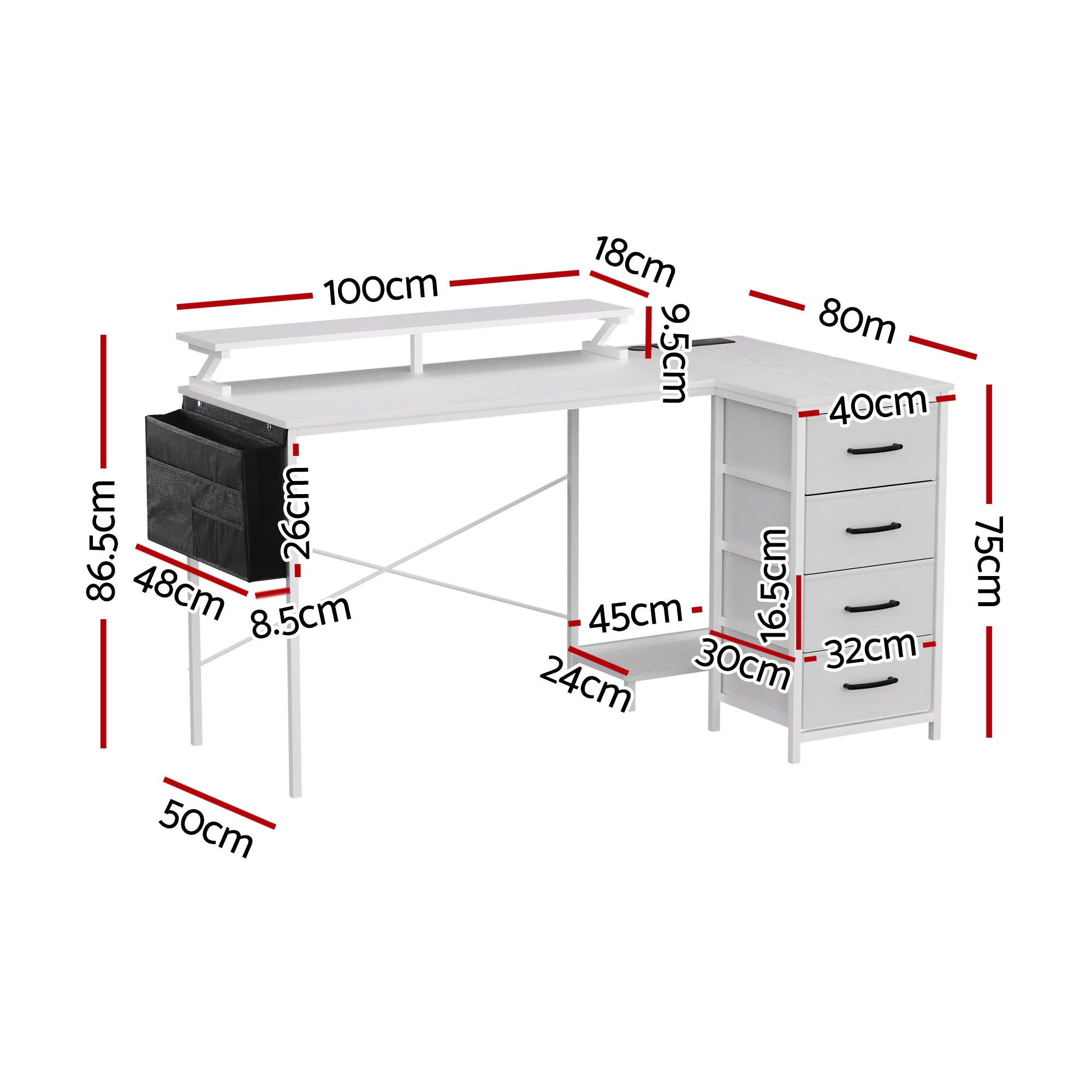 Artiss 140cm L Shaped Gaming Desk Computer Desk with LED Lights & Power Outlets MET-FC-25218-WH