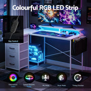 Artiss 140cm L Shaped Gaming Desk Computer Desk with LED Lights & Power Outlets MET-FC-25218-WH