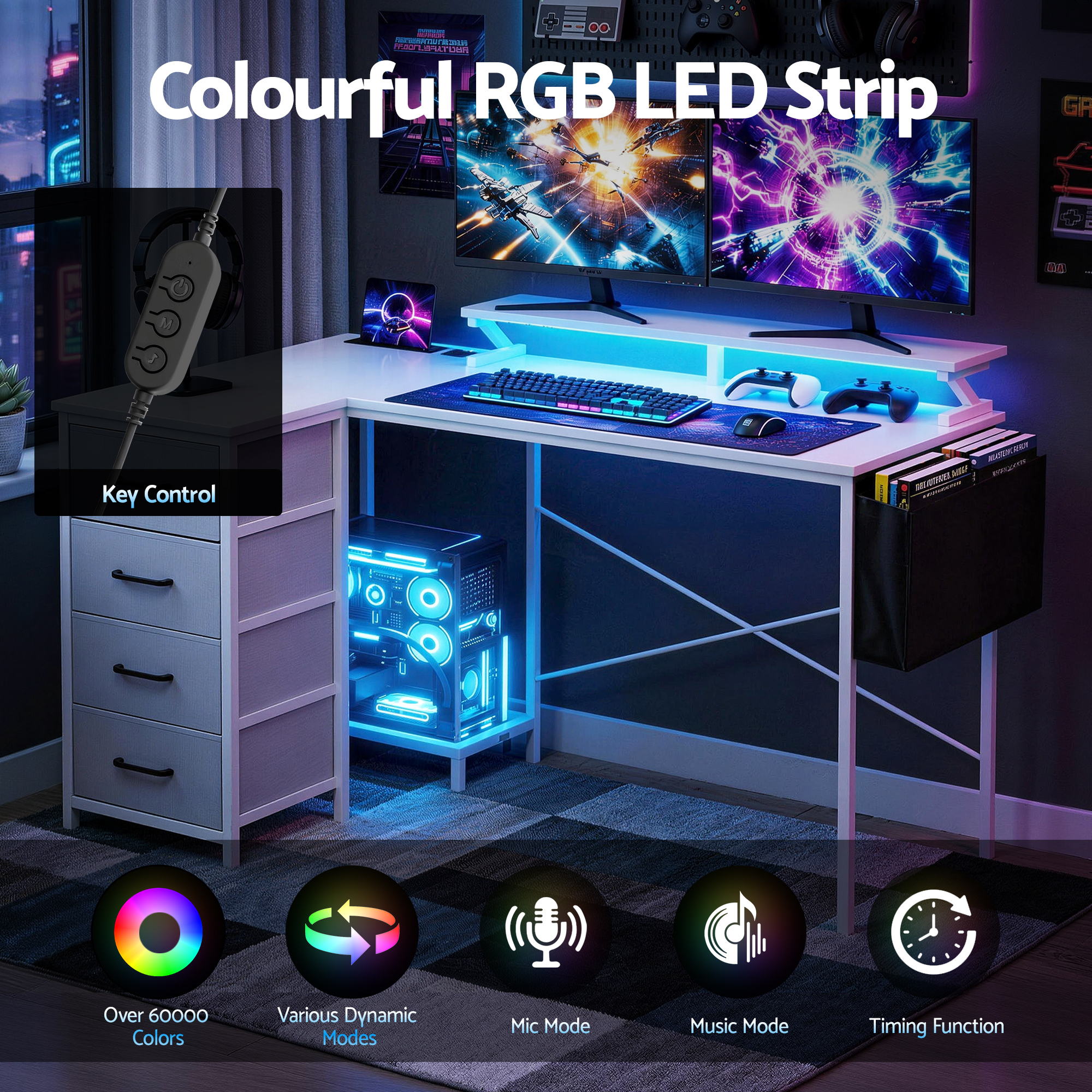 Artiss 140cm L Shaped Gaming Desk Computer Desk with LED Lights & Power Outlets MET-FC-25218-WH
