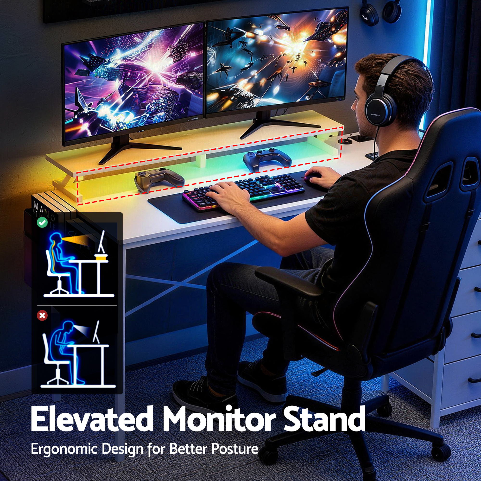 Artiss 140cm L Shaped Gaming Desk Computer Desk with LED Lights & Power Outlets MET-FC-25218-WH