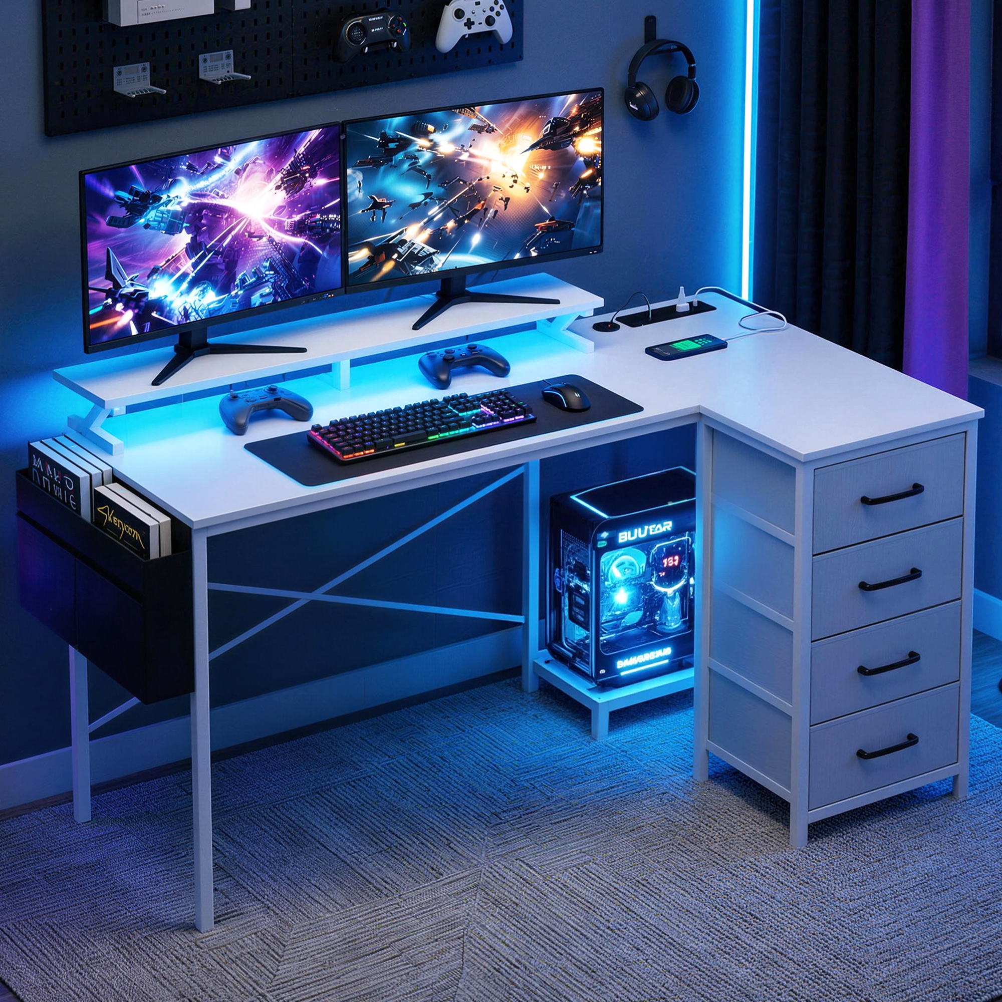 Artiss 140cm L Shaped Gaming Desk Computer Desk with LED Lights & Power Outlets MET-FC-25218-WH