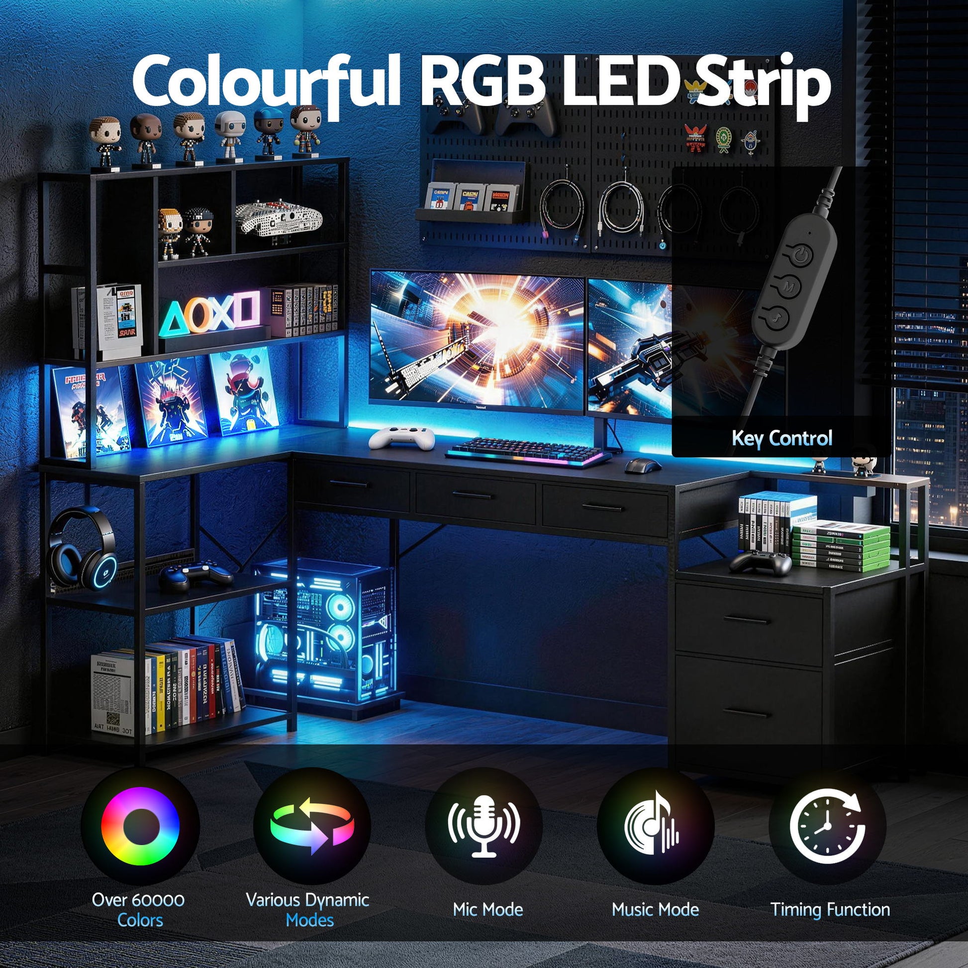 Artiss 200cm L Shaped Gaming Desk Computer Desk with LED Lights & Power Outlets MET-FC-25219-BK-AB