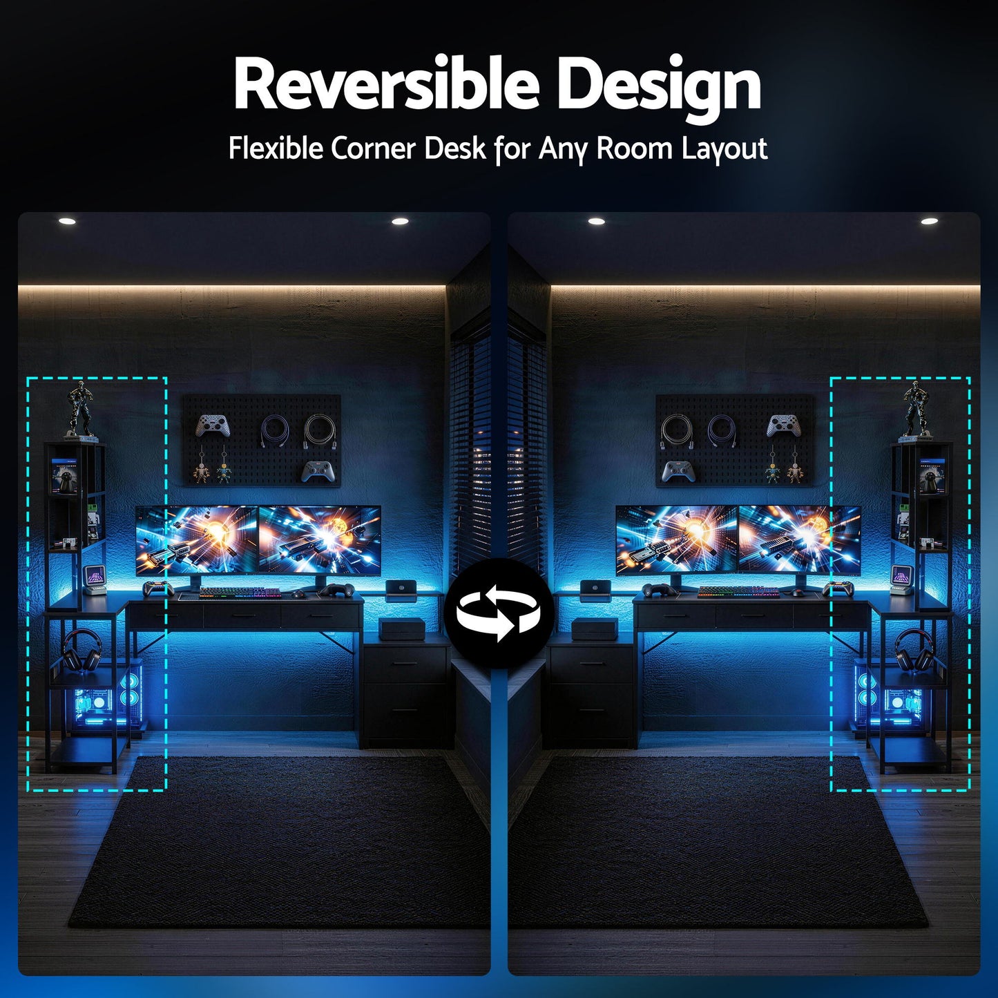 Artiss 200cm L Shaped Gaming Desk Computer Desk with LED Lights & Power Outlets MET-FC-25219-BK-AB