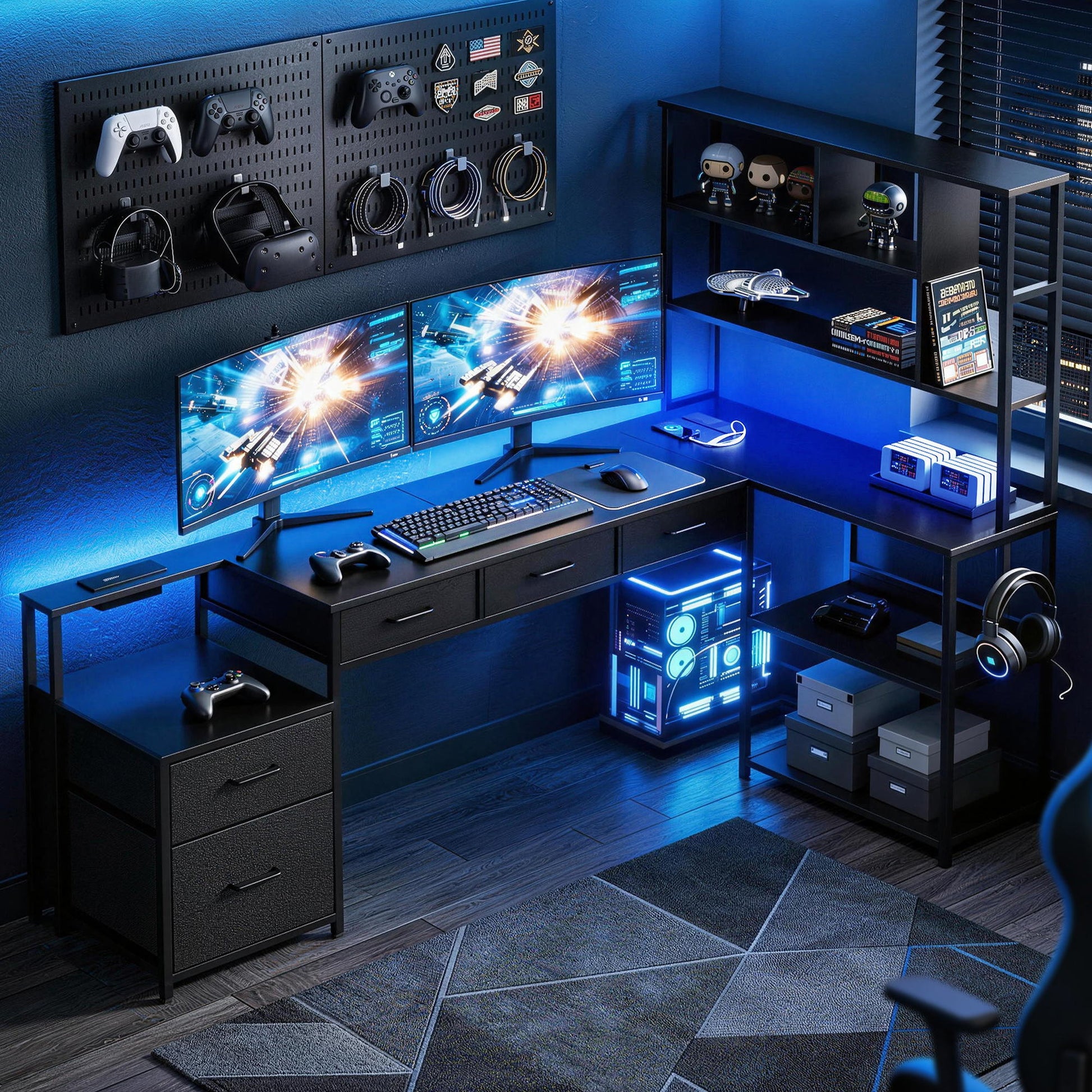 Artiss 200cm L Shaped Gaming Desk Computer Desk with LED Lights & Power Outlets MET-FC-25219-BK-AB
