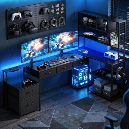 Artiss 200cm L Shaped Gaming Desk Computer Desk with LED Lights & Power Outlets MET-FC-25219-BK-AB
