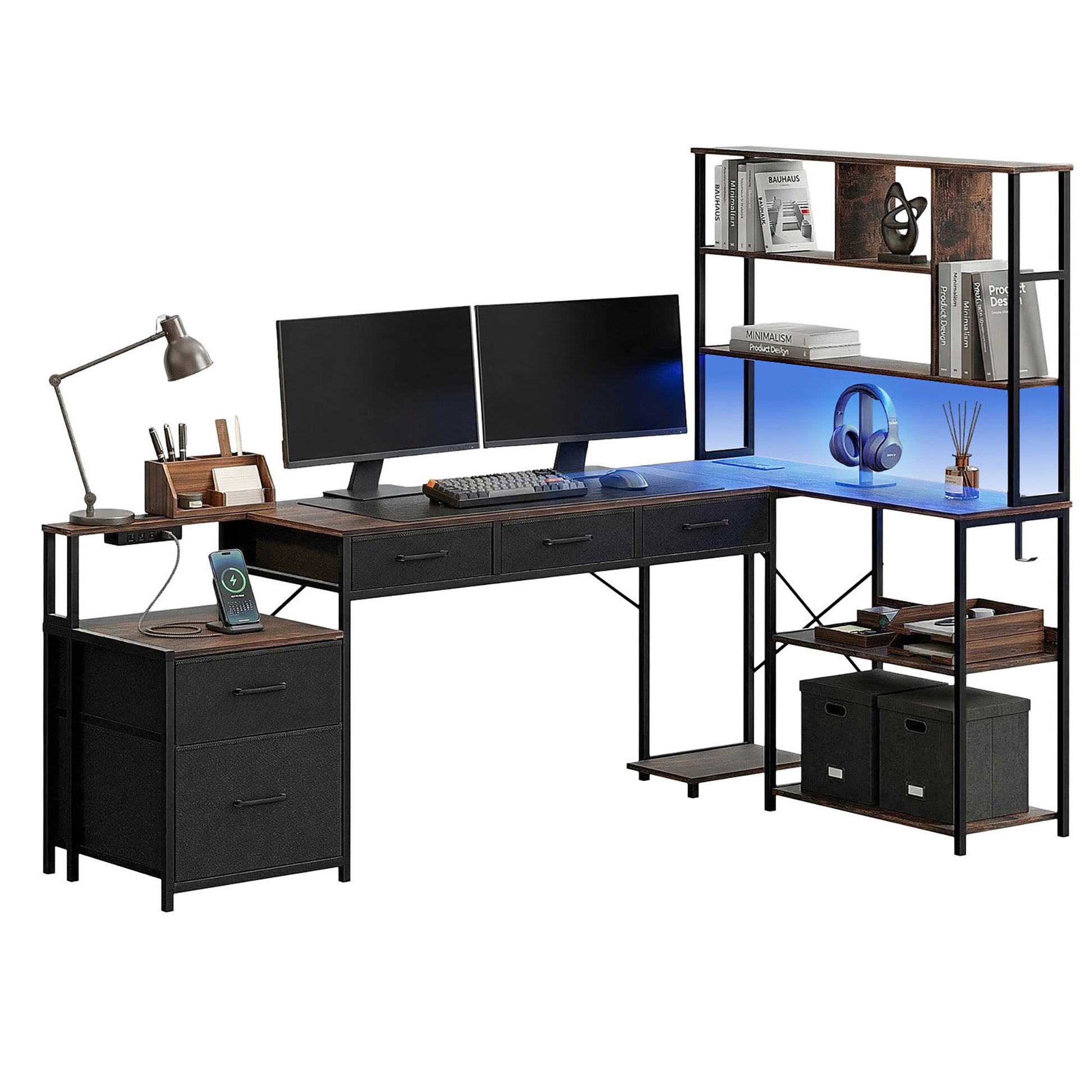 Artiss 200cm L Shaped Gaming Desk Computer Desk with LED Lights & Power Outlets MET-FC-25219-RB-AB