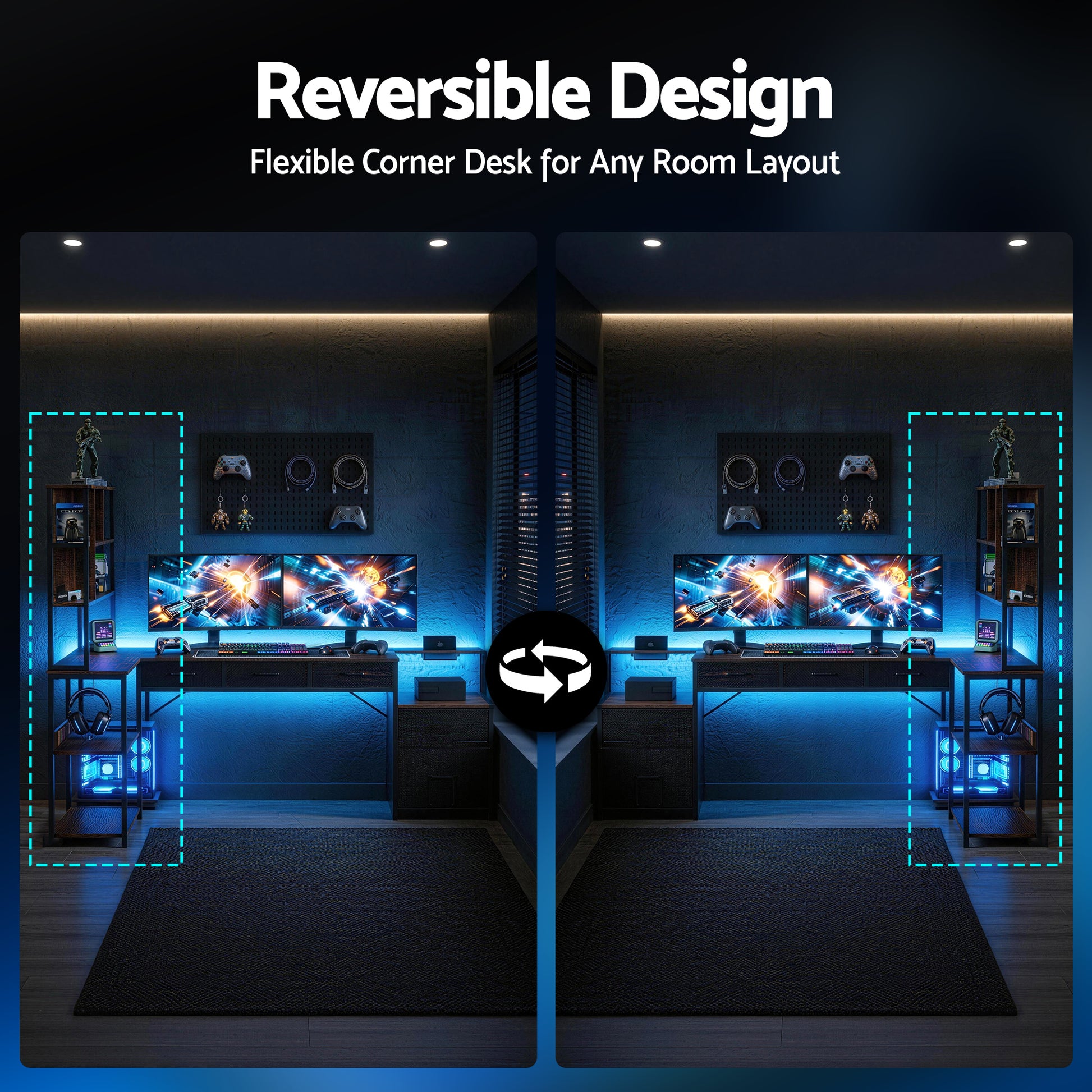 Artiss 200cm L Shaped Gaming Desk Computer Desk with LED Lights & Power Outlets MET-FC-25219-RB-AB