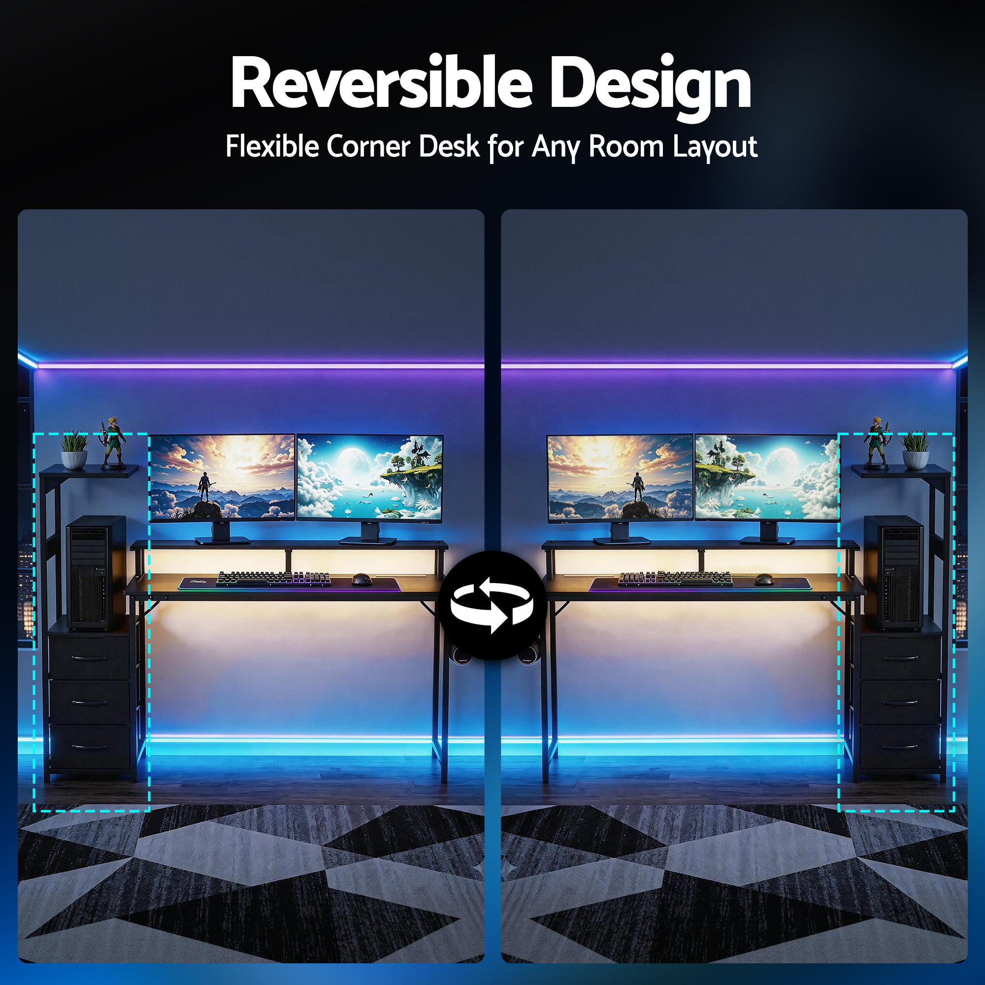 Artiss 145cm L Shaped Gaming Desk Computer Desk with LED Lights & Power Outlets MET-FC-25220-BK