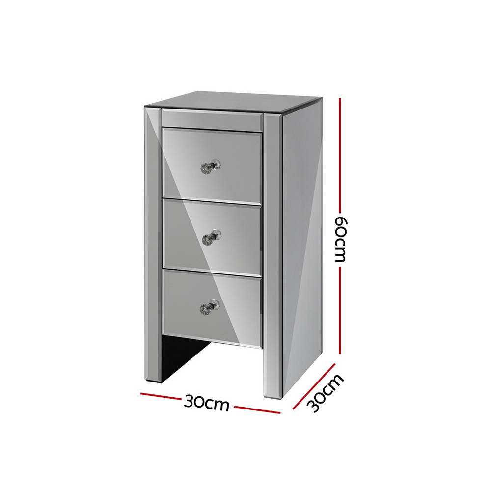 Artiss Bedside Table 3 Drawers Mirrored Glass - QUENN Grey MF-BT-6464-GY