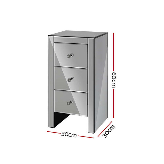 Artiss Bedside Table 3 Drawers Mirrored Glass - QUENN Grey MF-BT-6464-GY