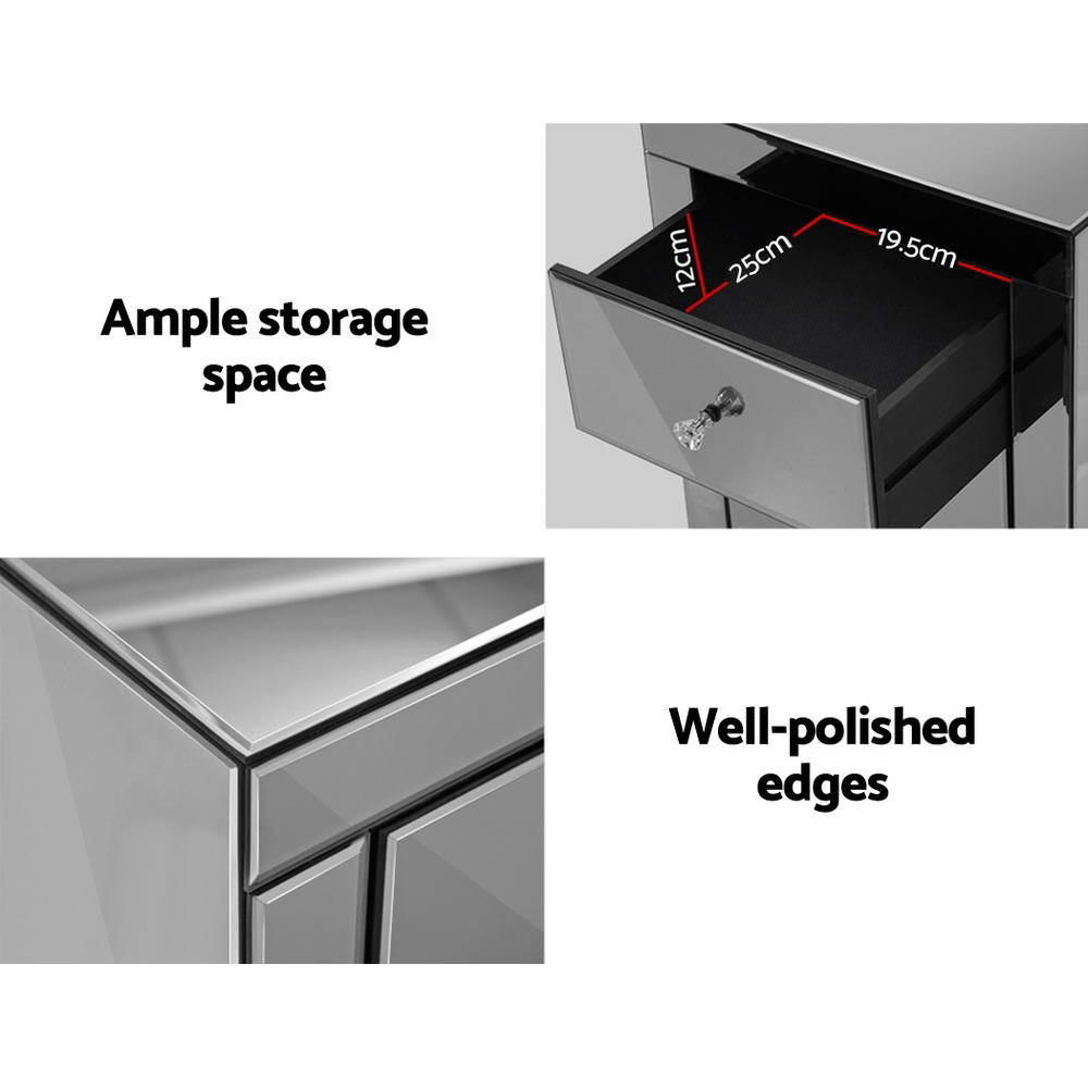 Artiss Bedside Table 3 Drawers Mirrored Glass - QUENN Grey MF-BT-6464-GY