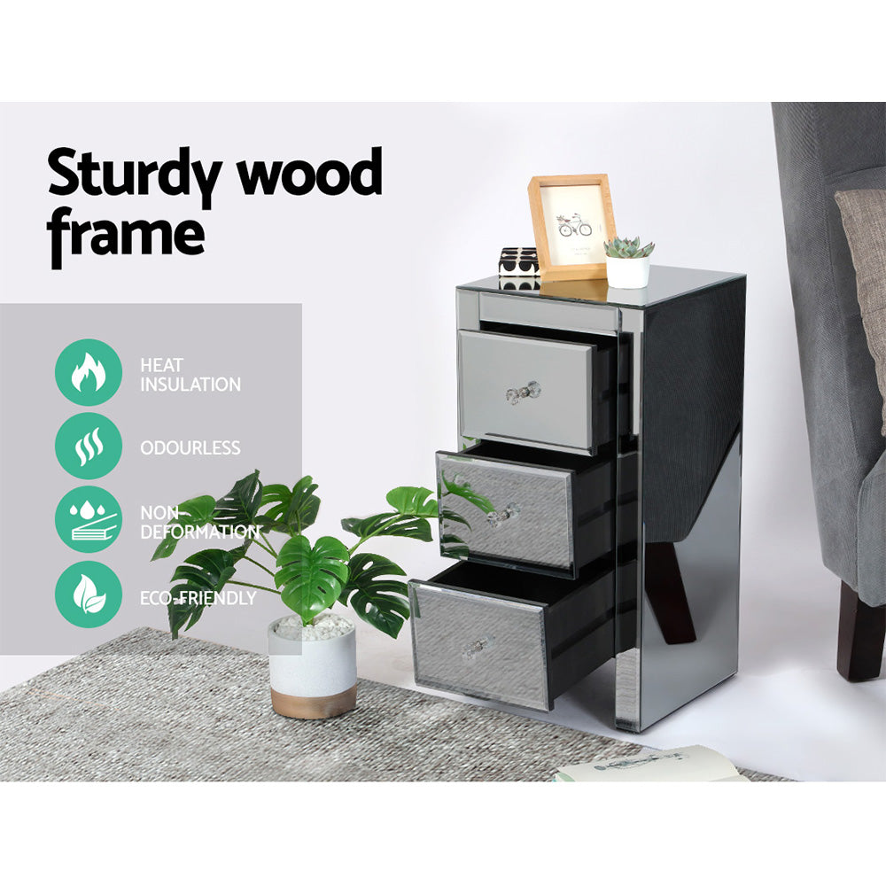 Artiss Bedside Table 3 Drawers Mirrored Glass - QUENN Grey MF-BT-6464-GY