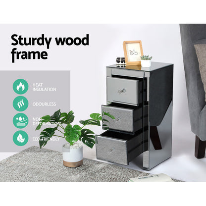 Artiss Bedside Table 3 Drawers Mirrored Glass - QUENN Grey MF-BT-6464-GY