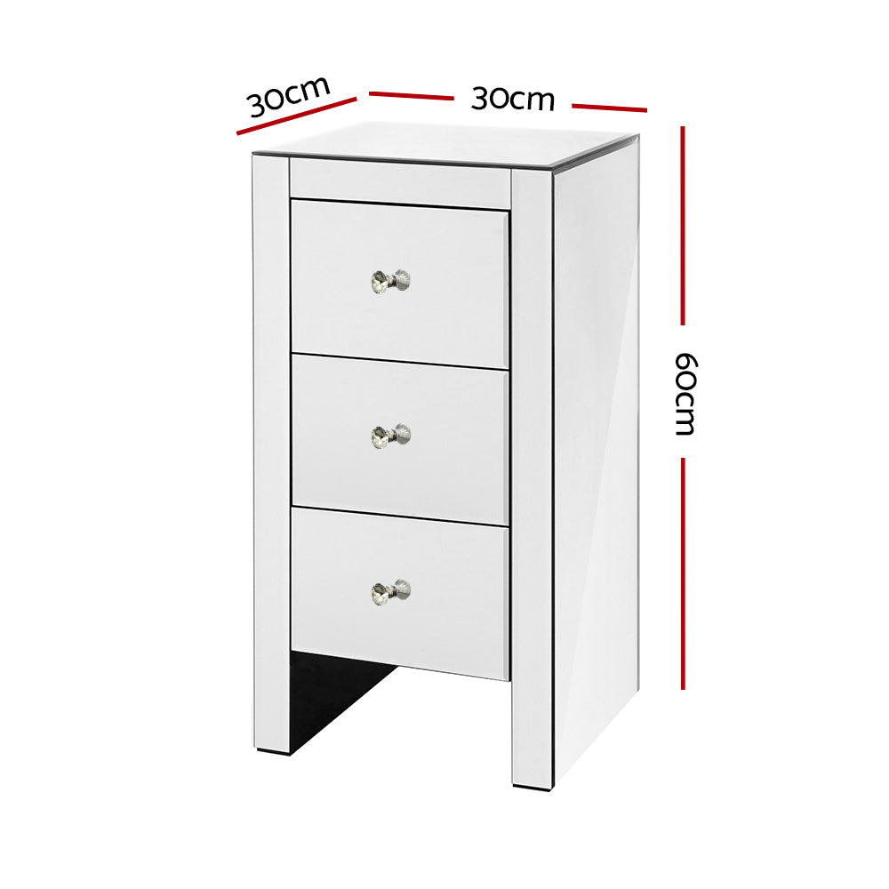 Artiss Bedside Table 3 Drawers Mirrored - QUENN Silver MF-BT-6464-SR