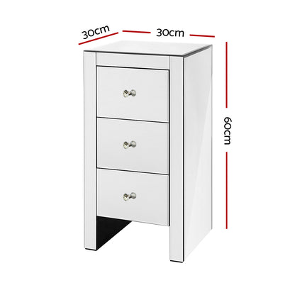 Artiss Bedside Table 3 Drawers Mirrored - QUENN Silver MF-BT-6464-SR