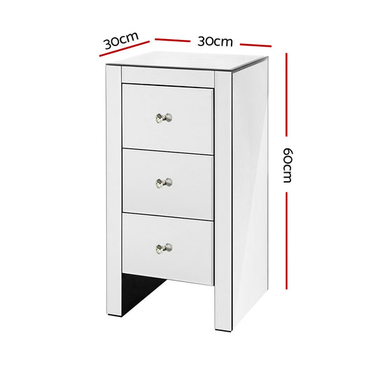 Artiss Bedside Table 3 Drawers Mirrored - QUENN Silver MF-BT-6464-SR