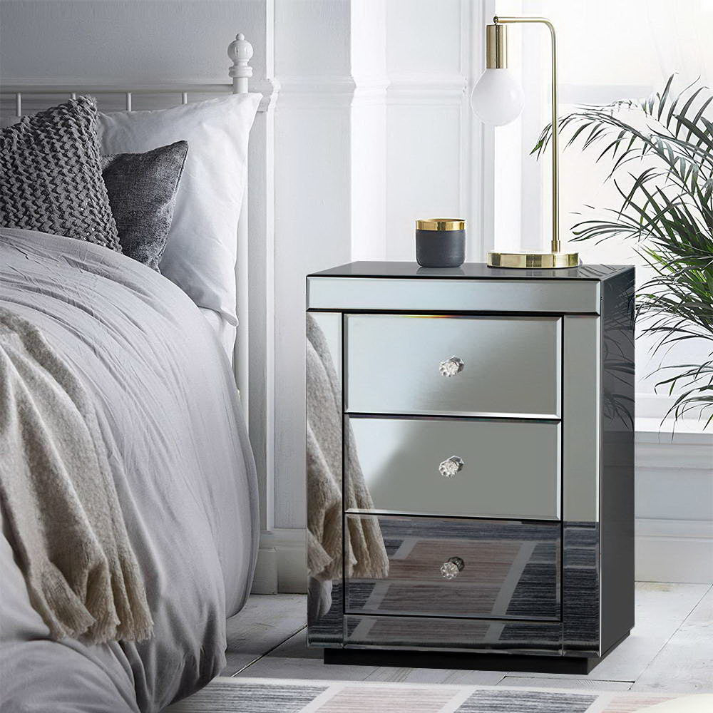 Artiss Bedside Table 3 Drawers Mirrored - PRESIA Grey MF-BT-7181-GY