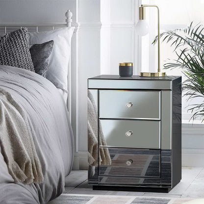 Artiss Bedside Table 3 Drawers Mirrored - PRESIA Grey MF-BT-7181-GY