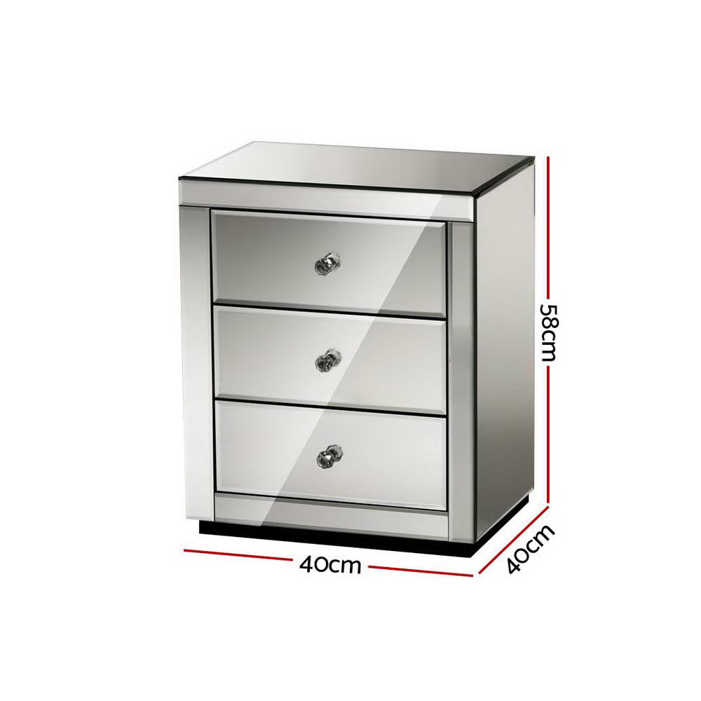 Artiss Bedside Table 3 Drawers Mirrored - PRESIA Grey MF-BT-7181-GY