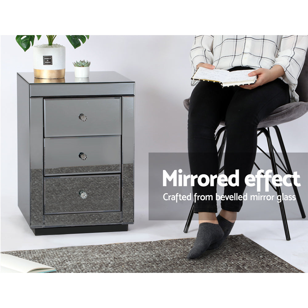 Artiss Bedside Table 3 Drawers Mirrored - PRESIA Grey MF-BT-7181-GY