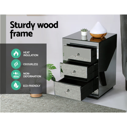 Artiss Bedside Table 3 Drawers Mirrored - PRESIA Grey MF-BT-7181-GY