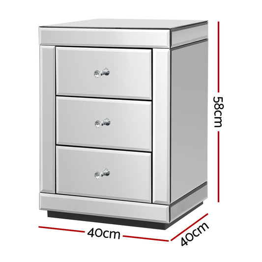 Artiss Bedside Table 3 Drawers Mirrored - PRESIA Silver MF-BT-7181-SR