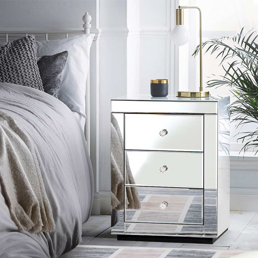 Artiss Bedside Table 3 Drawers Mirrored - PRESIA Silver MF-BT-7181-SR