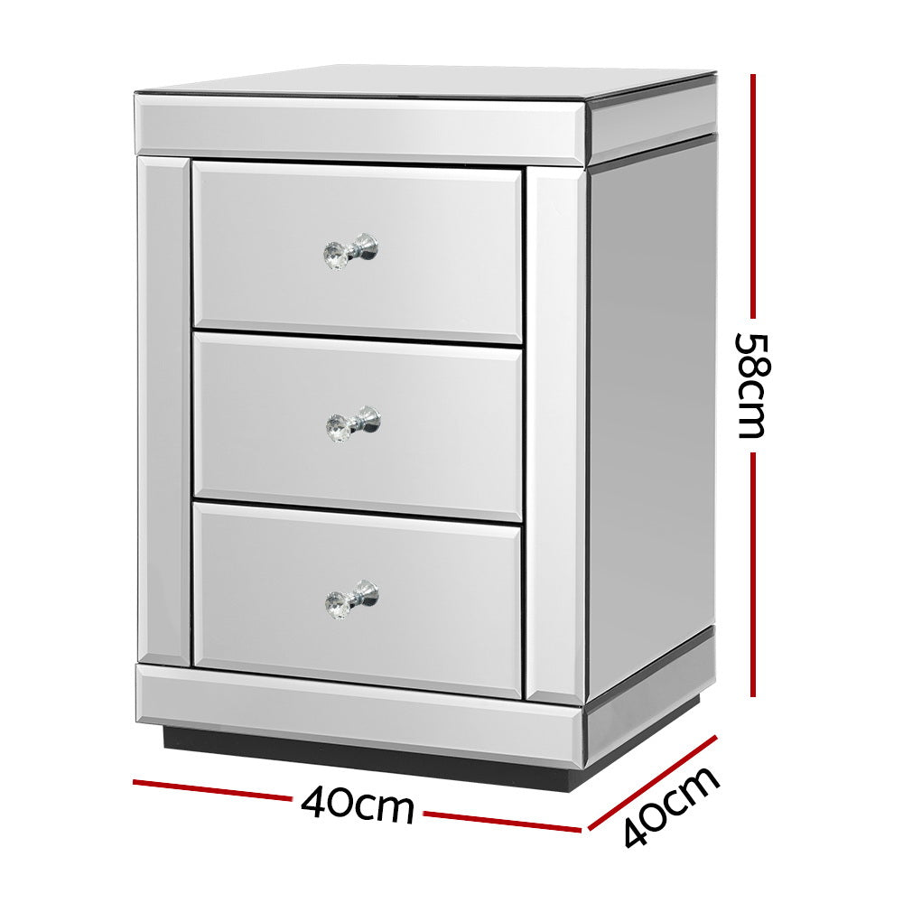 Artiss Set of 2 Bedside Table 3 Drawers Mirrored Glass - PRESIA Silver MF-BT-7181-SRX2