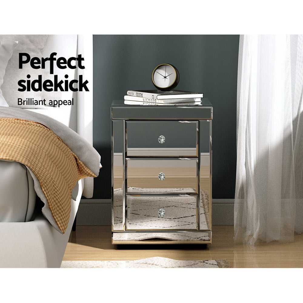Artiss Set of 2 Bedside Table 3 Drawers Mirrored Glass - PRESIA Silver MF-BT-7181-SRX2