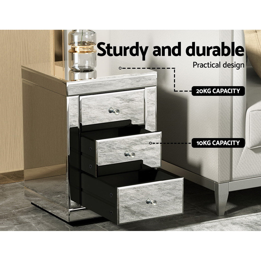 Artiss Set of 2 Bedside Table 3 Drawers Mirrored Glass - PRESIA Silver MF-BT-7181-SRX2