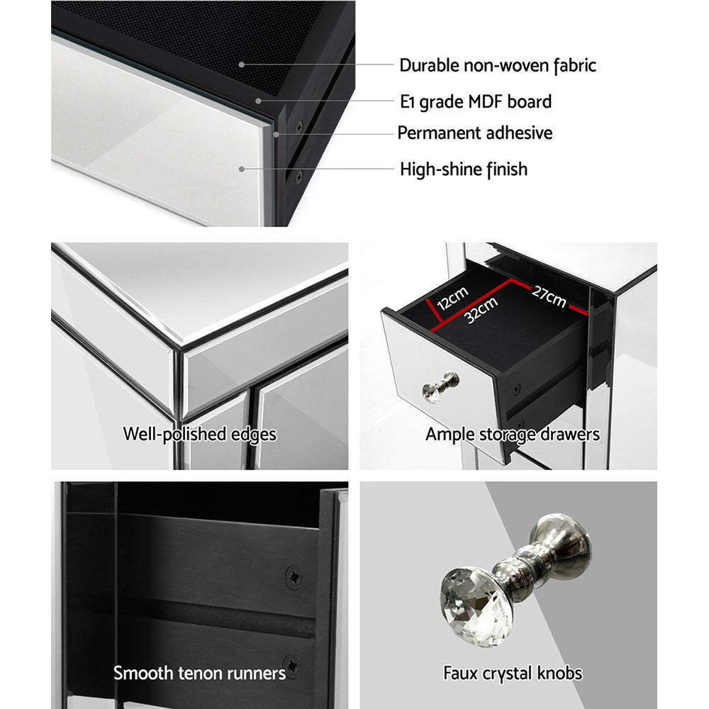 Artiss Set of 2 Bedside Table 3 Drawers Mirrored Glass - PRESIA Silver MF-BT-7181-SRX2