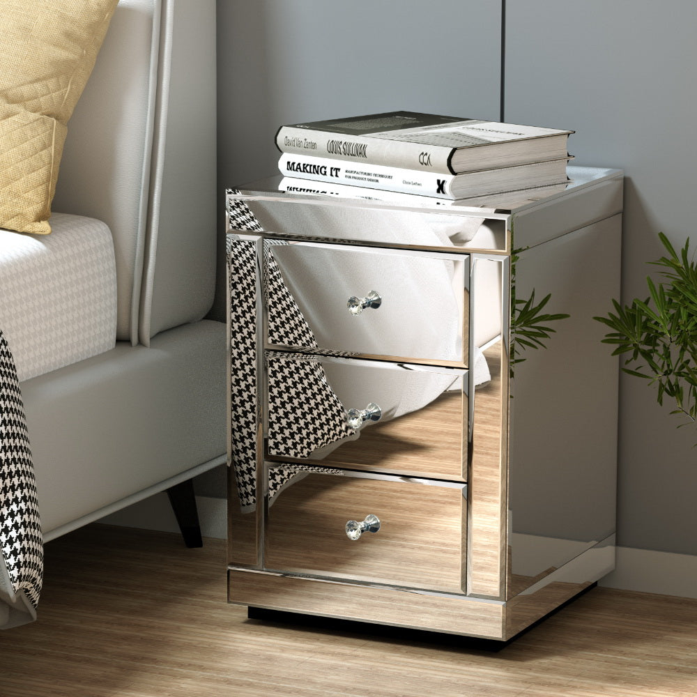Artiss Set of 2 Bedside Table 3 Drawers Mirrored Glass - PRESIA Silver MF-BT-7181-SRX2