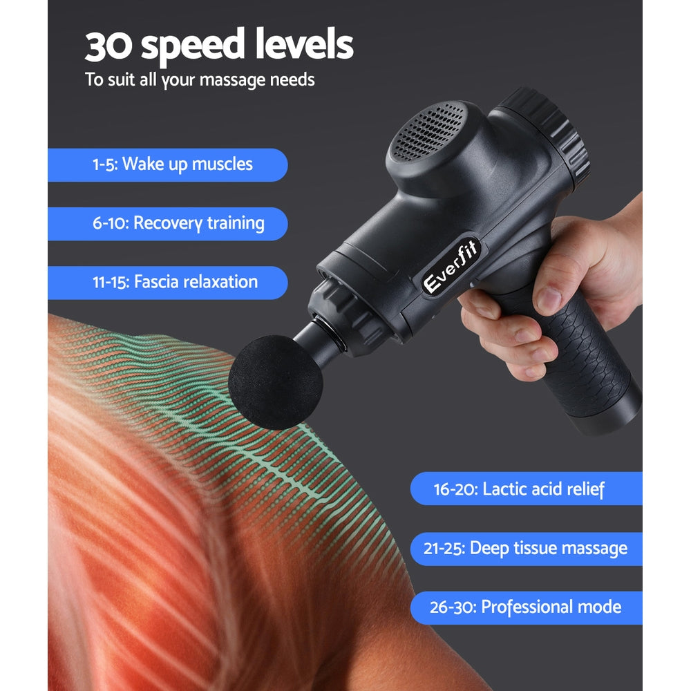 Everfit Massage Gun 30 Speed 6 Heads Vibration Muscle Massager Chargeable Black MG-M2-BK