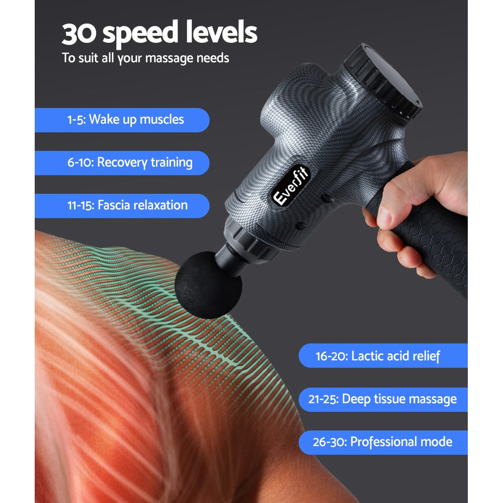 Everfit Massage Gun 30 Speed 6 Heads Vibration Muscle Massager Chargeable Grey MG-M2-CB