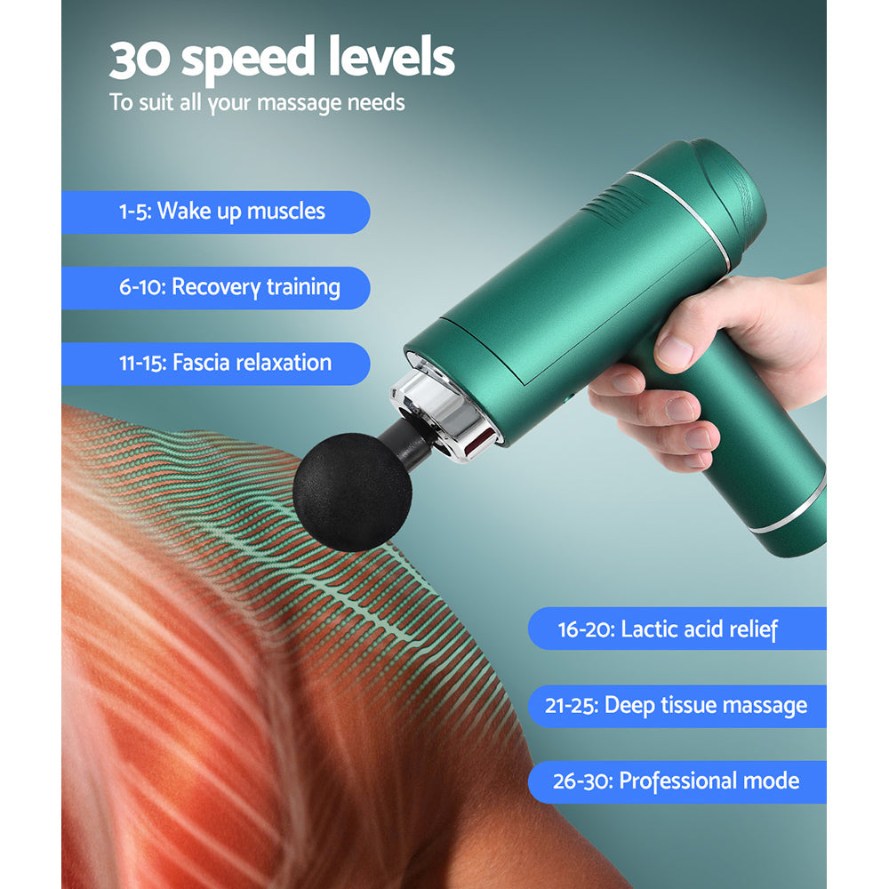Everfit Massage Gun 30 Speed 6 Heads Vibration Muscle Massager Chargeable Green MG-M2000-GN