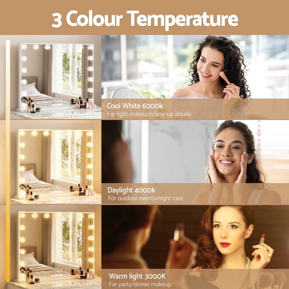 Embellir Makeup Mirror 80x58cm Hollywood Vanity with LED Light Tabletop Wall MM-E-FRAMELS-5880-WH