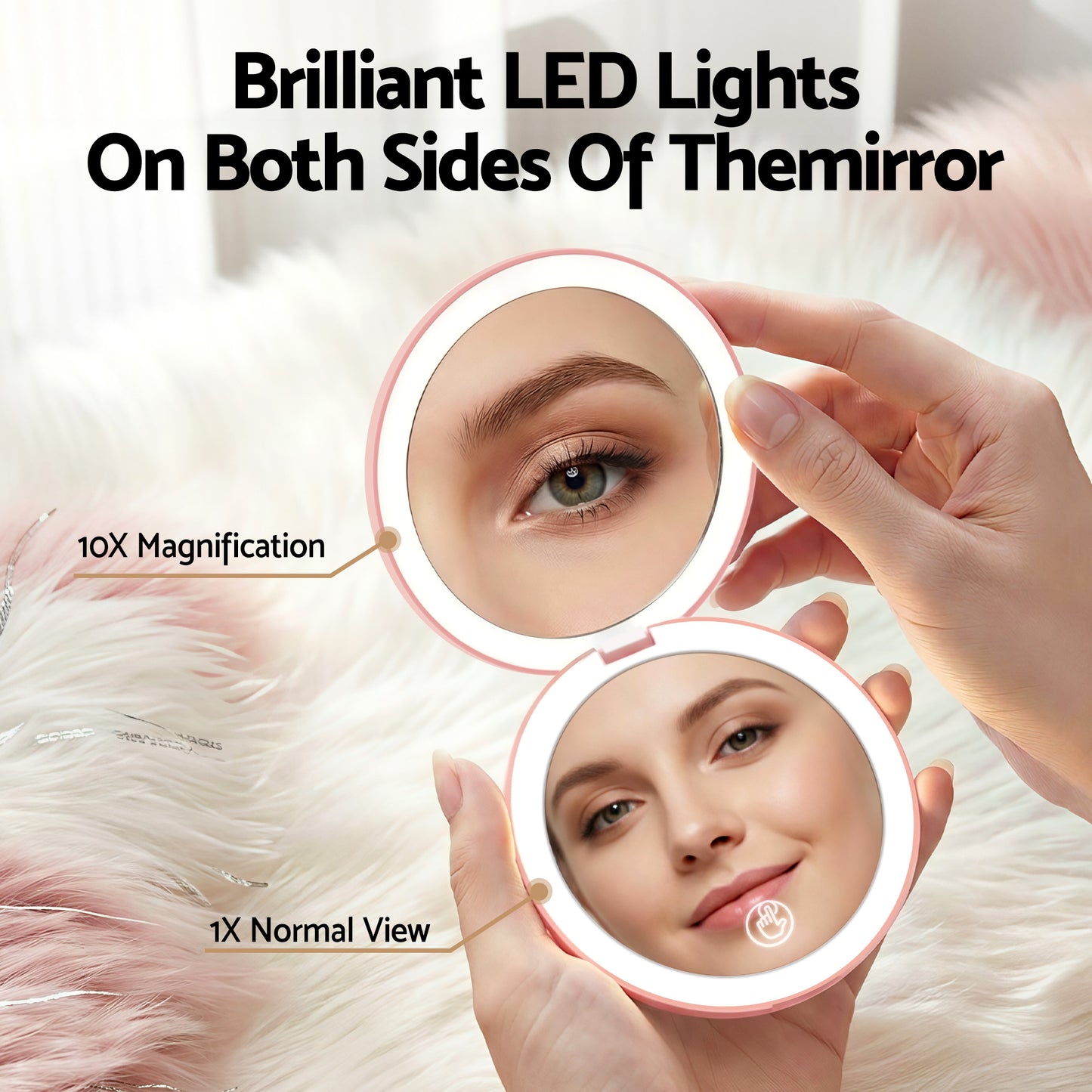 Embellir LED Compact Mirror Lighted Travel Makeup Mirror Pocket-Sized 1x 10x Magnification Round Pink MM-E-PORT-10X-ROLED-PK