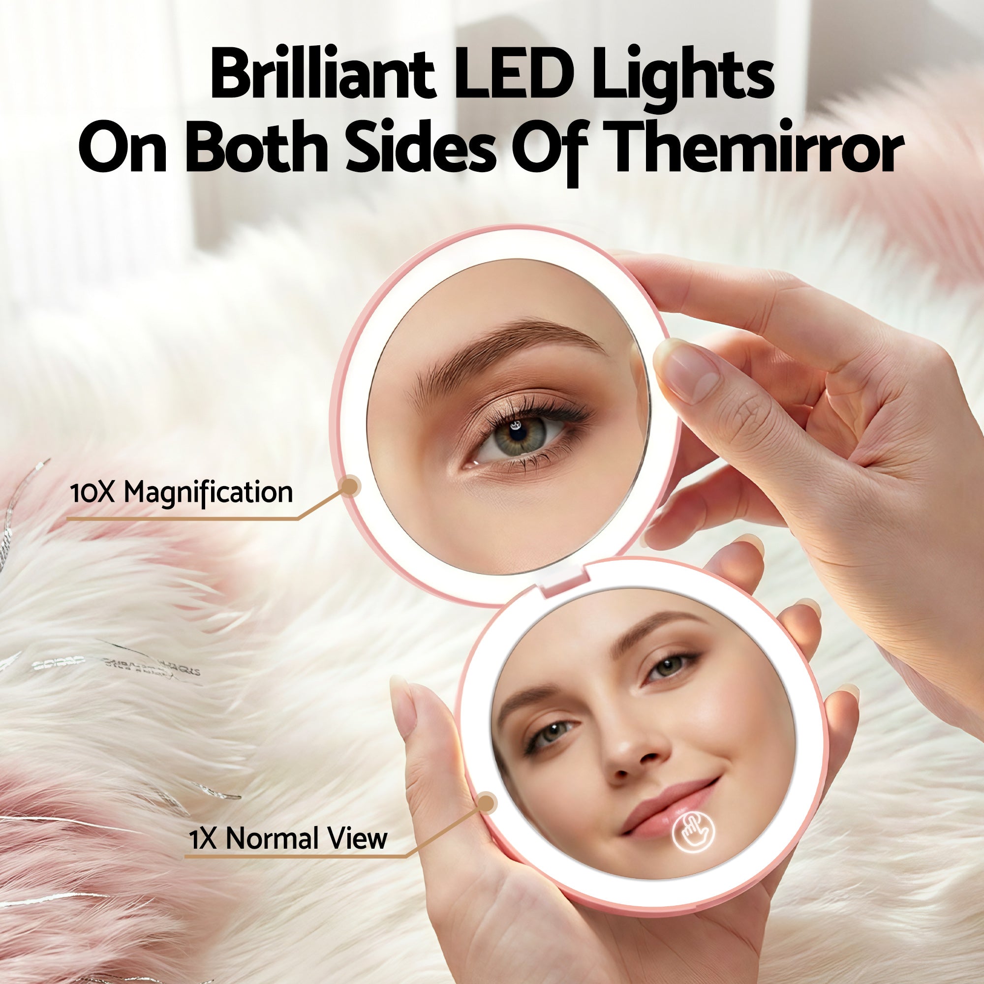 Embellir LED Compact Mirror Lighted Travel Makeup Mirror Pocket-Sized 1x 10x Magnification Round Pink MM-E-PORT-10X-ROLED-PK