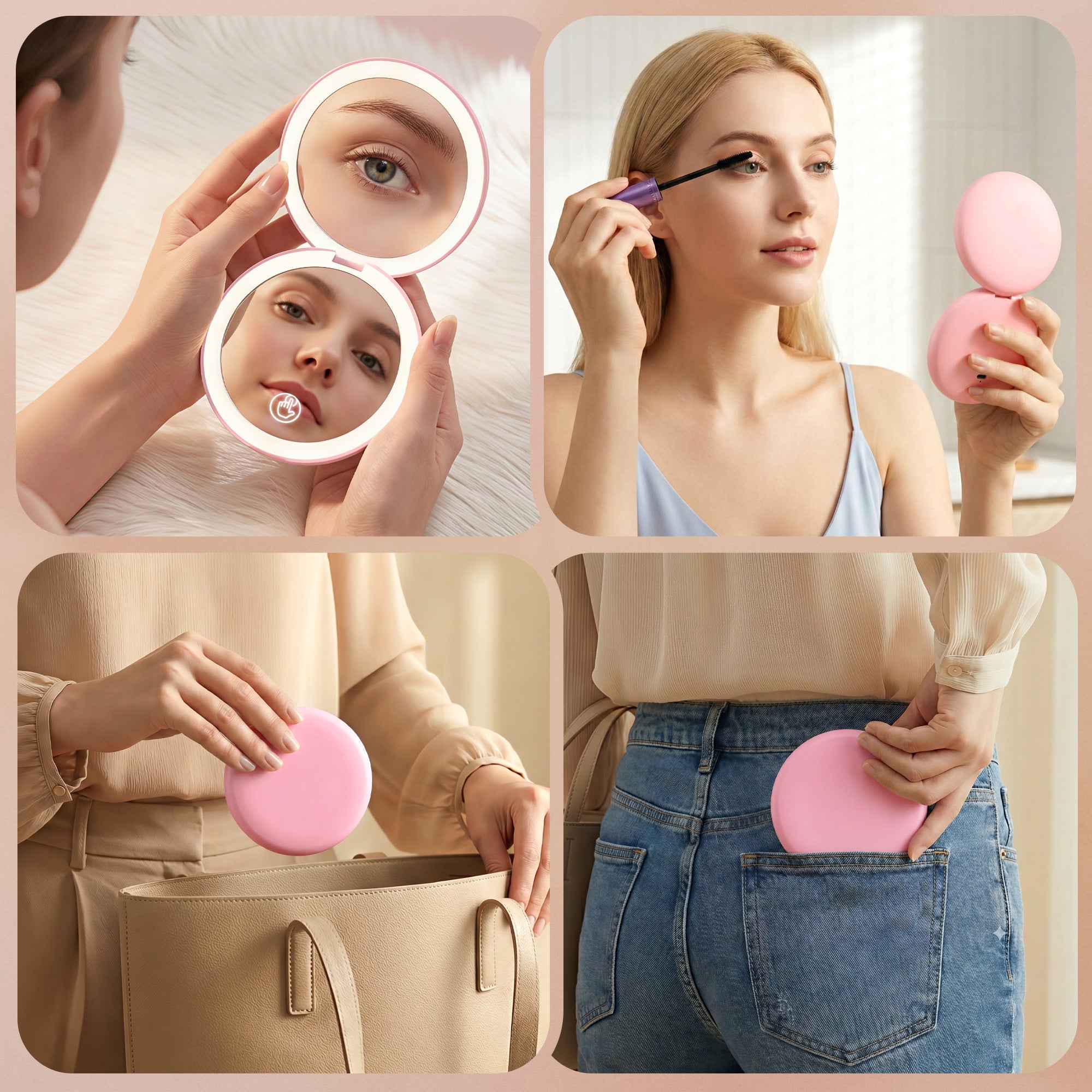 Embellir LED Compact Mirror Lighted Travel Makeup Mirror Pocket-Sized 1x 10x Magnification Round Pink MM-E-PORT-10X-ROLED-PK