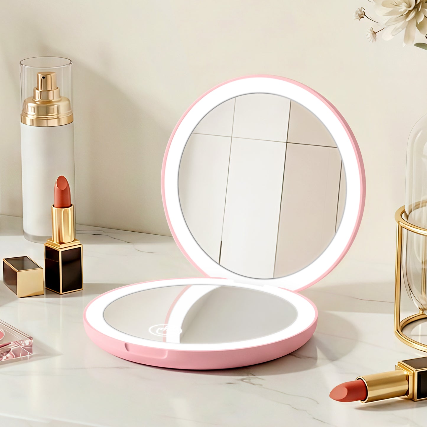Embellir LED Compact Mirror Lighted Travel Makeup Mirror Pocket-Sized 1x 10x Magnification Round Pink MM-E-PORT-10X-ROLED-PK