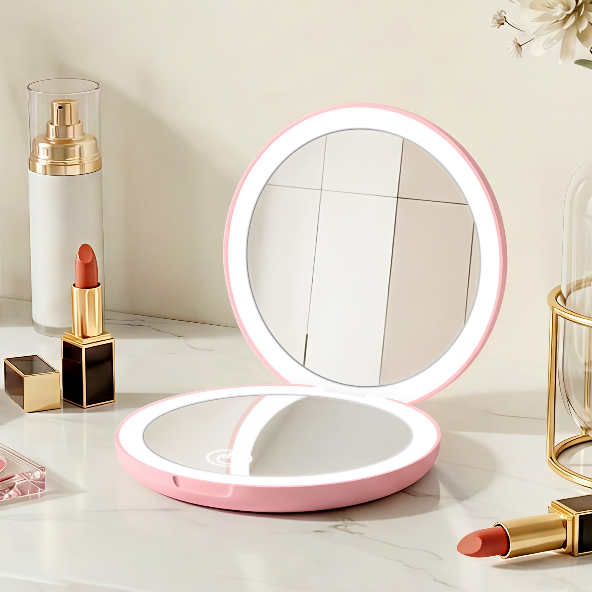 Embellir LED Compact Mirror Lighted Travel Makeup Mirror Pocket-Sized 1x 10x Magnification Round Pink MM-E-PORT-10X-ROLED-PK
