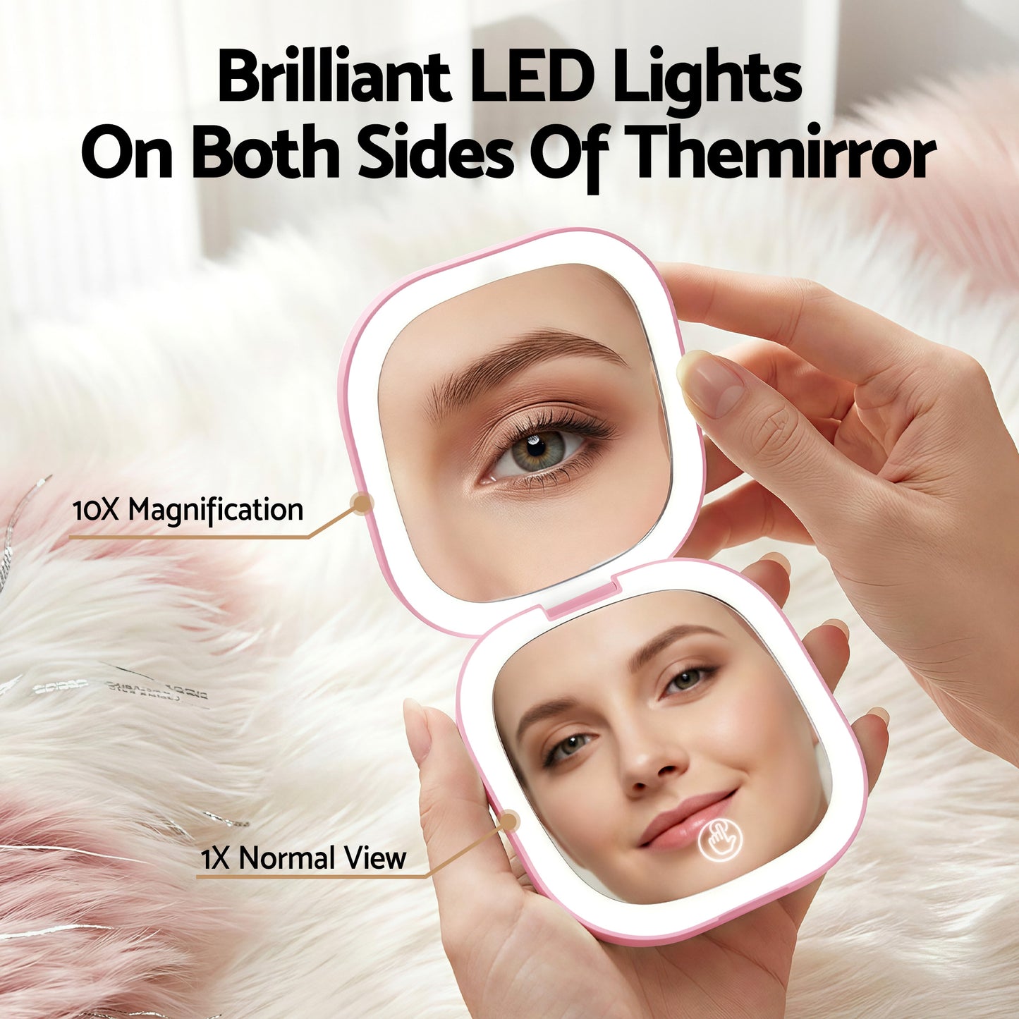 Embellir LED Compact Mirror Lighted Travel Makeup Mirror Pocket-Sized 1x 10x Magnification Square Pink MM-E-PORT-10X-SQLED-PK