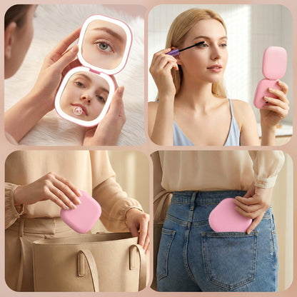 Embellir LED Compact Mirror Lighted Travel Makeup Mirror Pocket-Sized 1x 10x Magnification Square Pink MM-E-PORT-10X-SQLED-PK